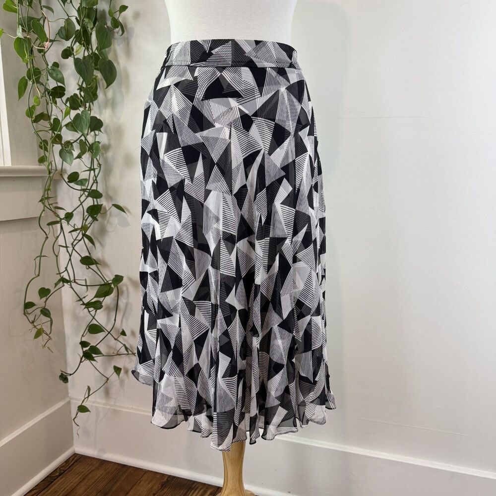 Vintage Y2K Jones New York Silk Abstract Geometric Midi Skirt | Black White, 4